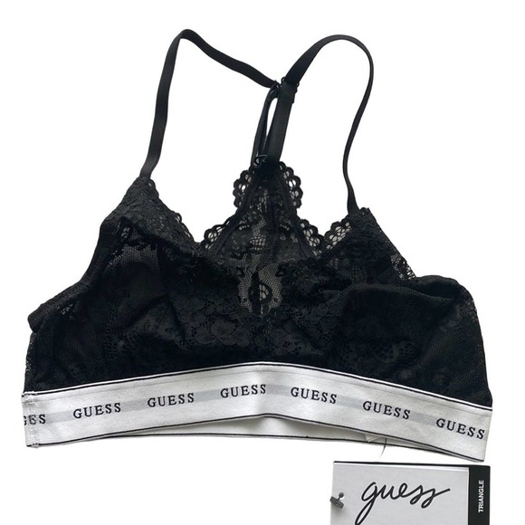 NWT- Guess Logo Lace Triangle Bralette In Black Women's Size Small - Picture 1 of 6